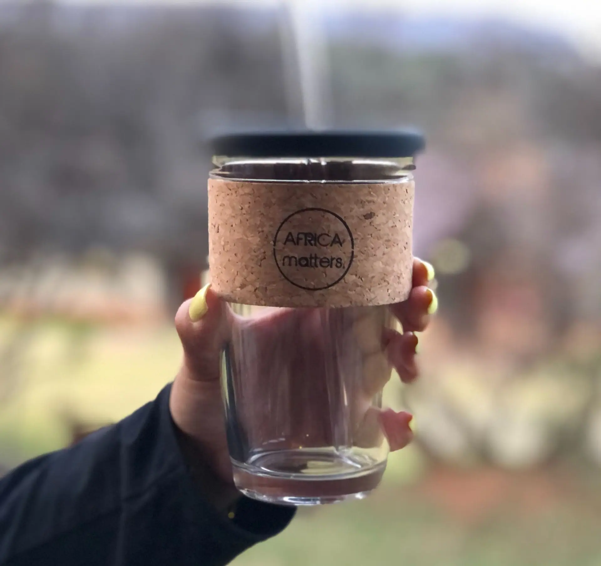 Africa Matters branded glass coffee cup